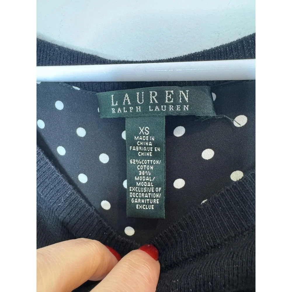 Lauren Ralph Lauren Sweater Womens XS Black Polka Dot Hem 3/4 Sleeve‎ Knit